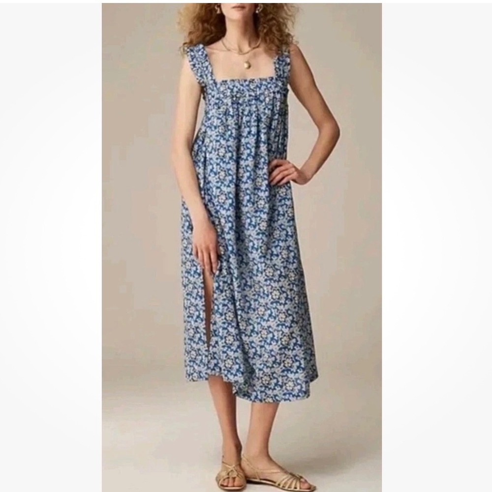 J. Crew Cotton Voile Ruffle Trim Shift Dress Blue Floral Pockets 3XL Cottagecore